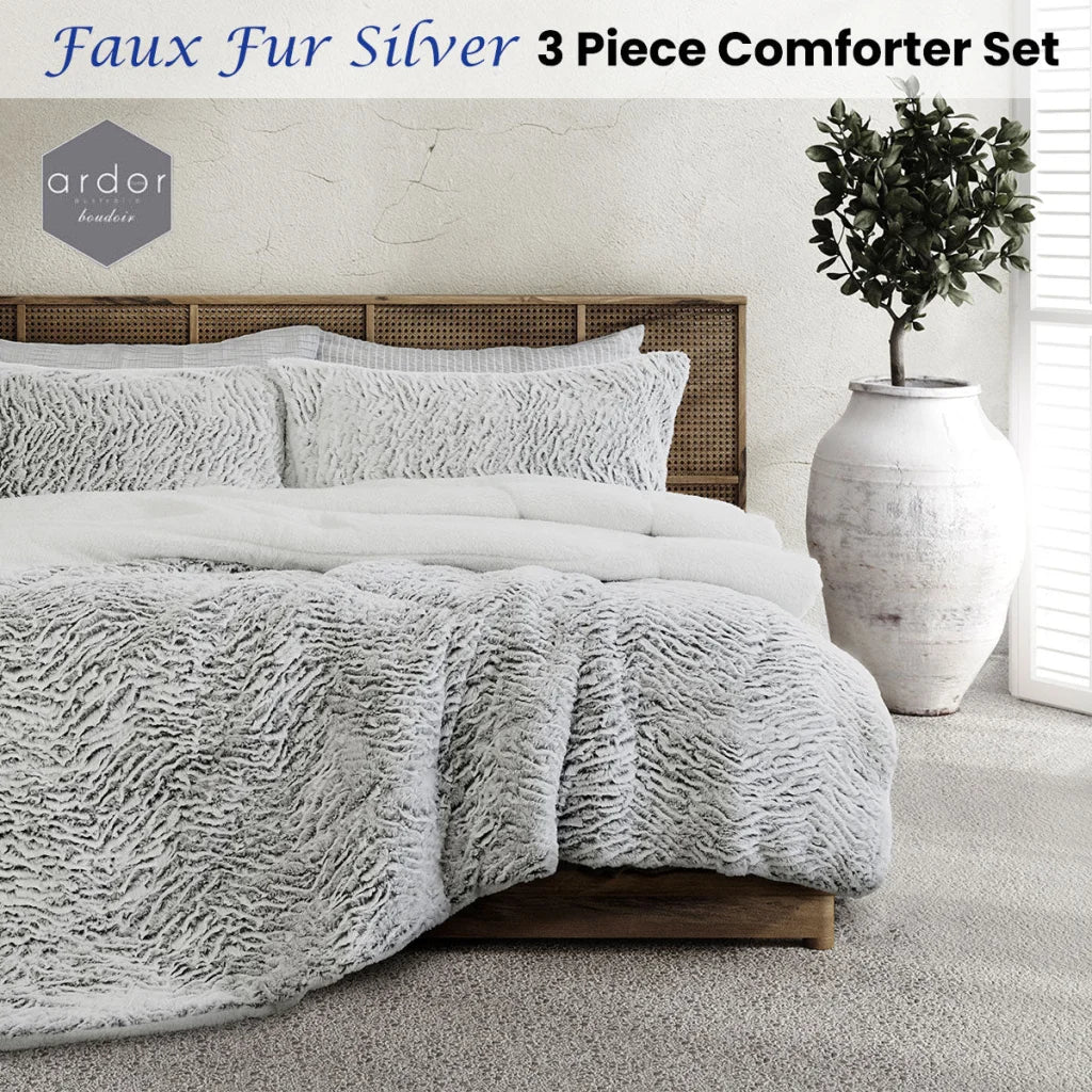 Comforter Set Ardor Faux Fur Silver 3 Piece - Queen/King