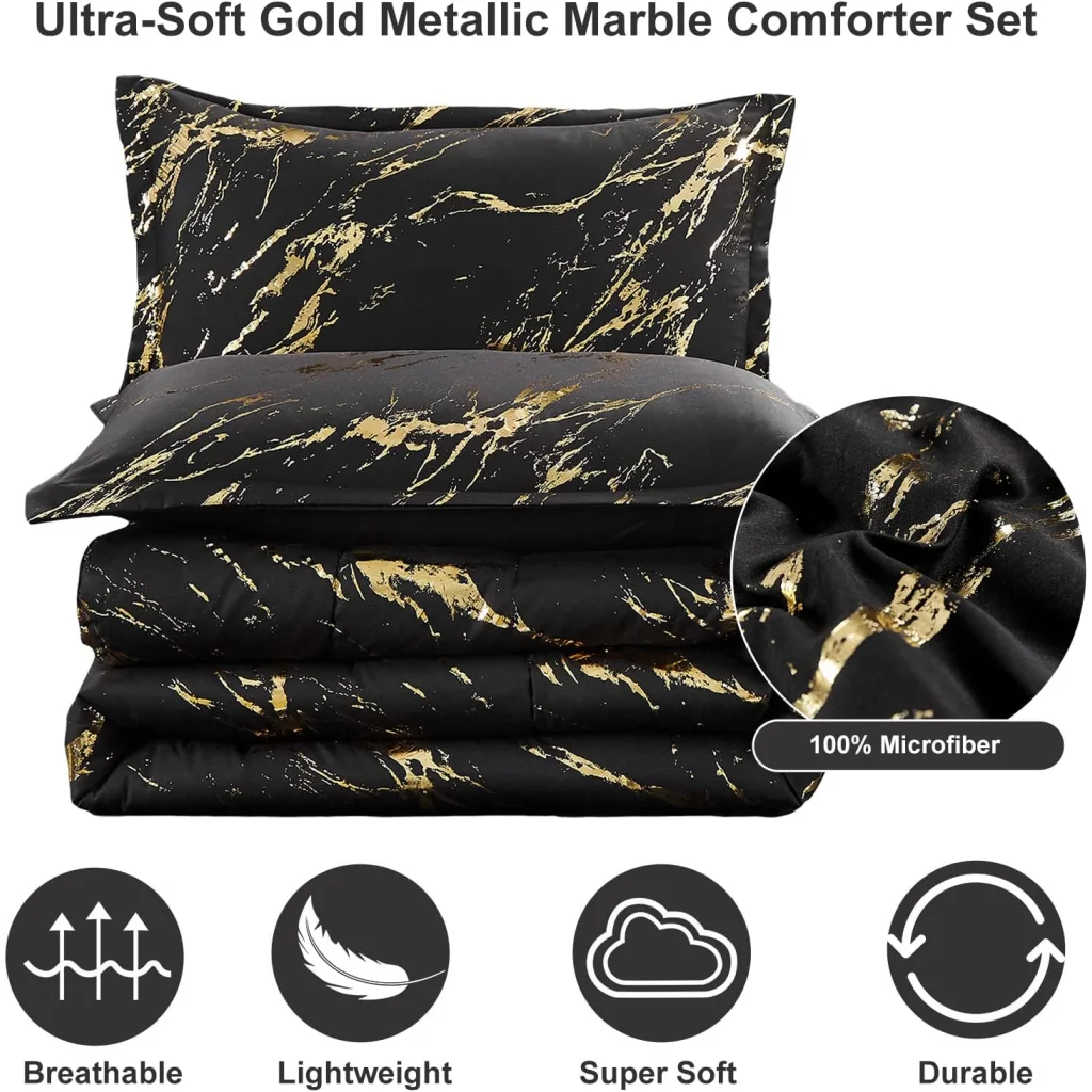 Comforter Set Black Gold Metallic Marble King Size Foil