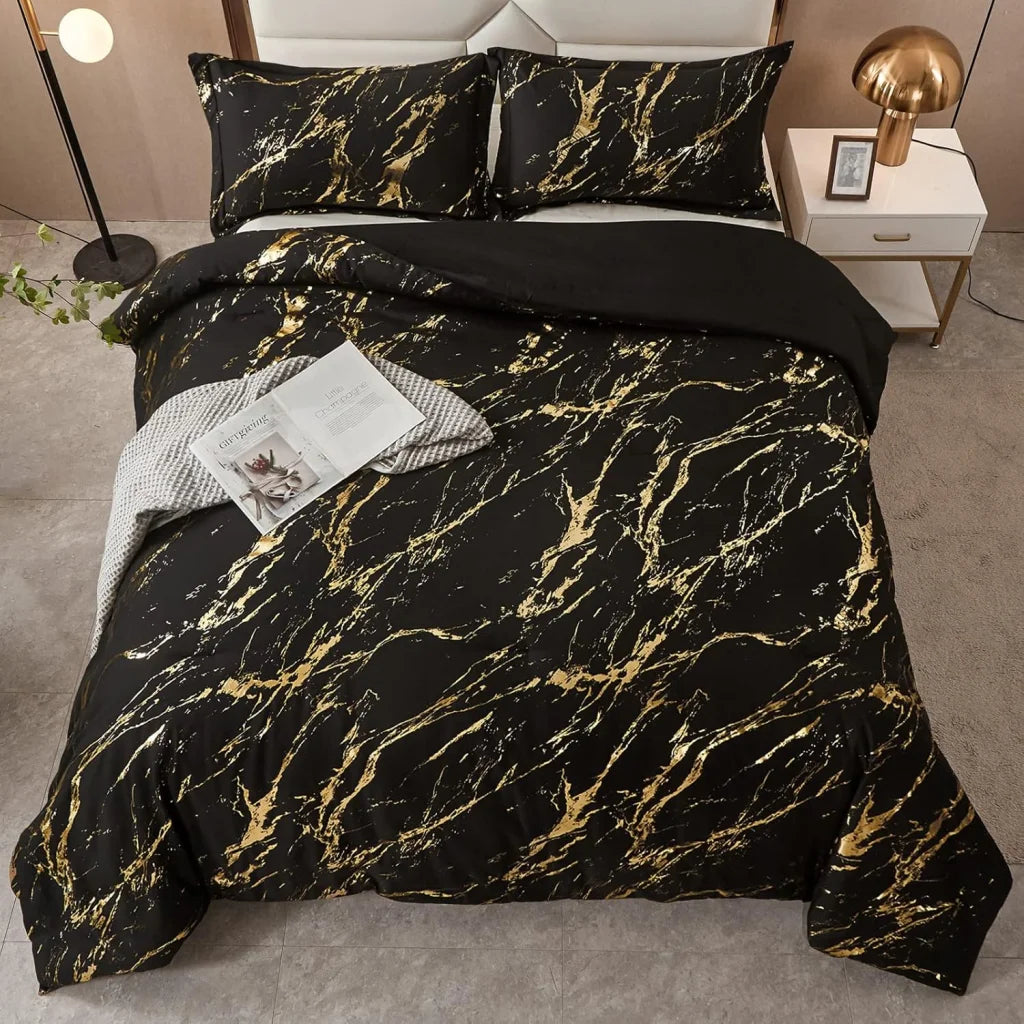 Comforter Set Black Gold Metallic Marble King Size Foil