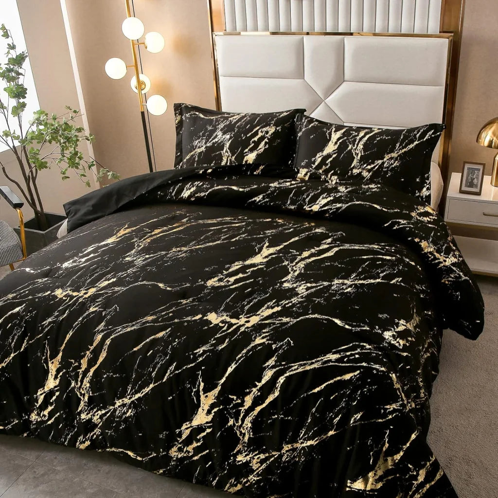 Comforter Set Black Gold Metallic Marble King Size Foil