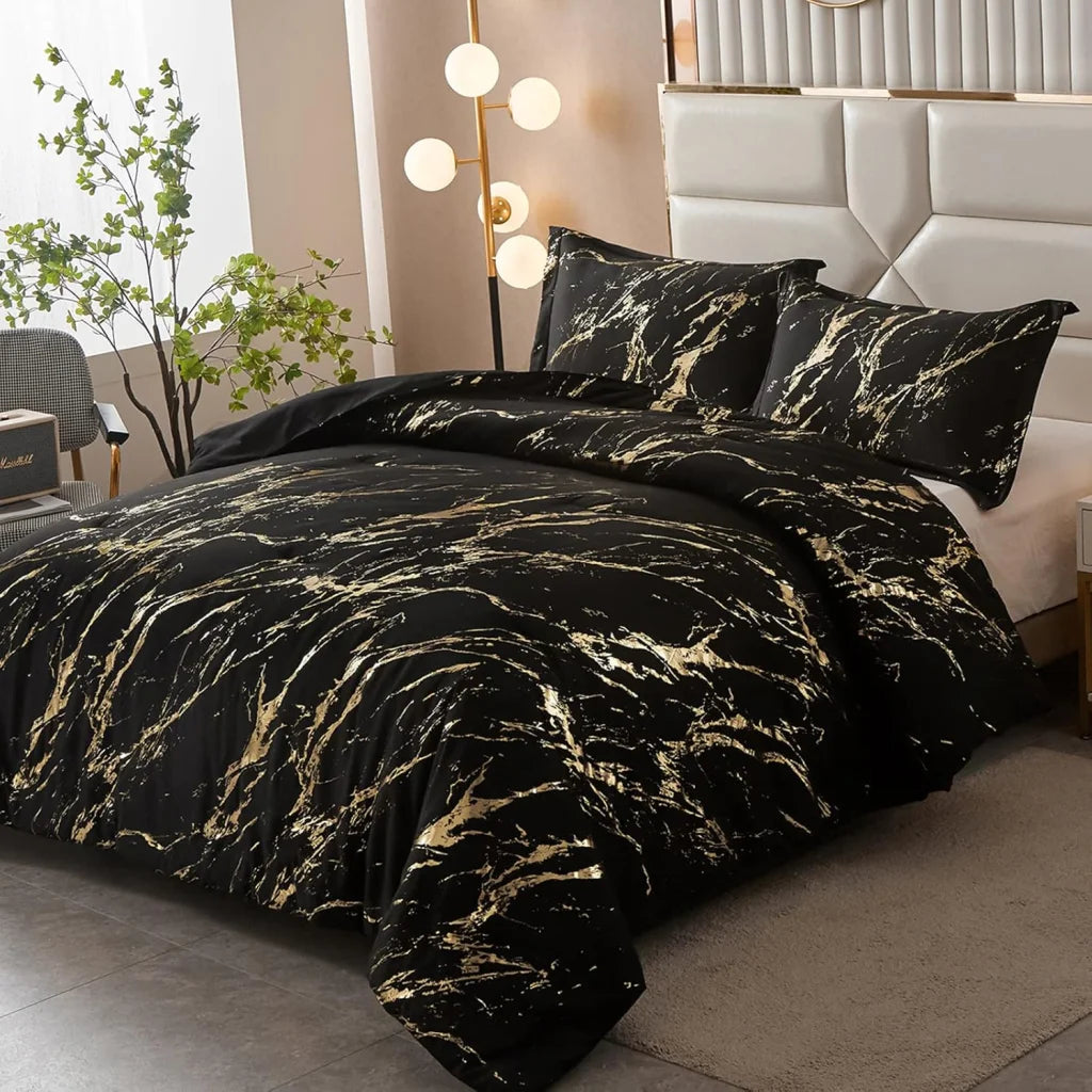 Comforter Set Black Gold Metallic Marble King Size Foil