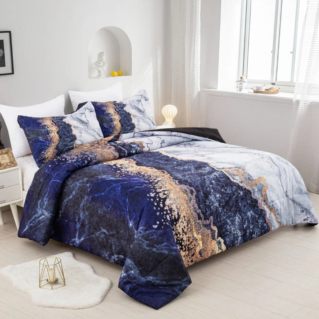 Comforter Set Blue Marble King Size Retro Watercolor