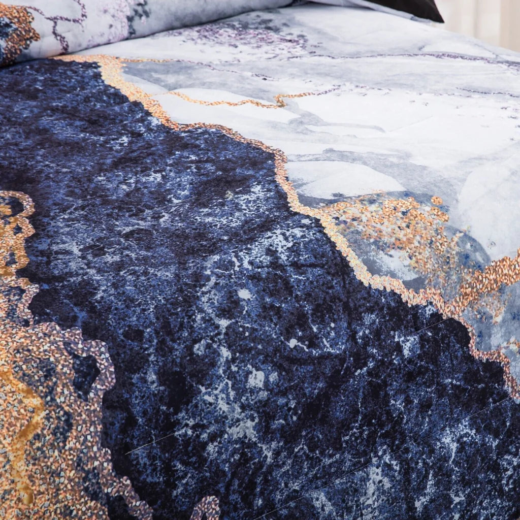 Comforter Set Blue Marble King Size Retro Watercolor