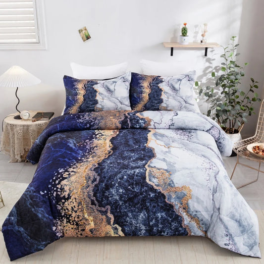 Comforter Set Blue Marble King Size Retro Watercolor