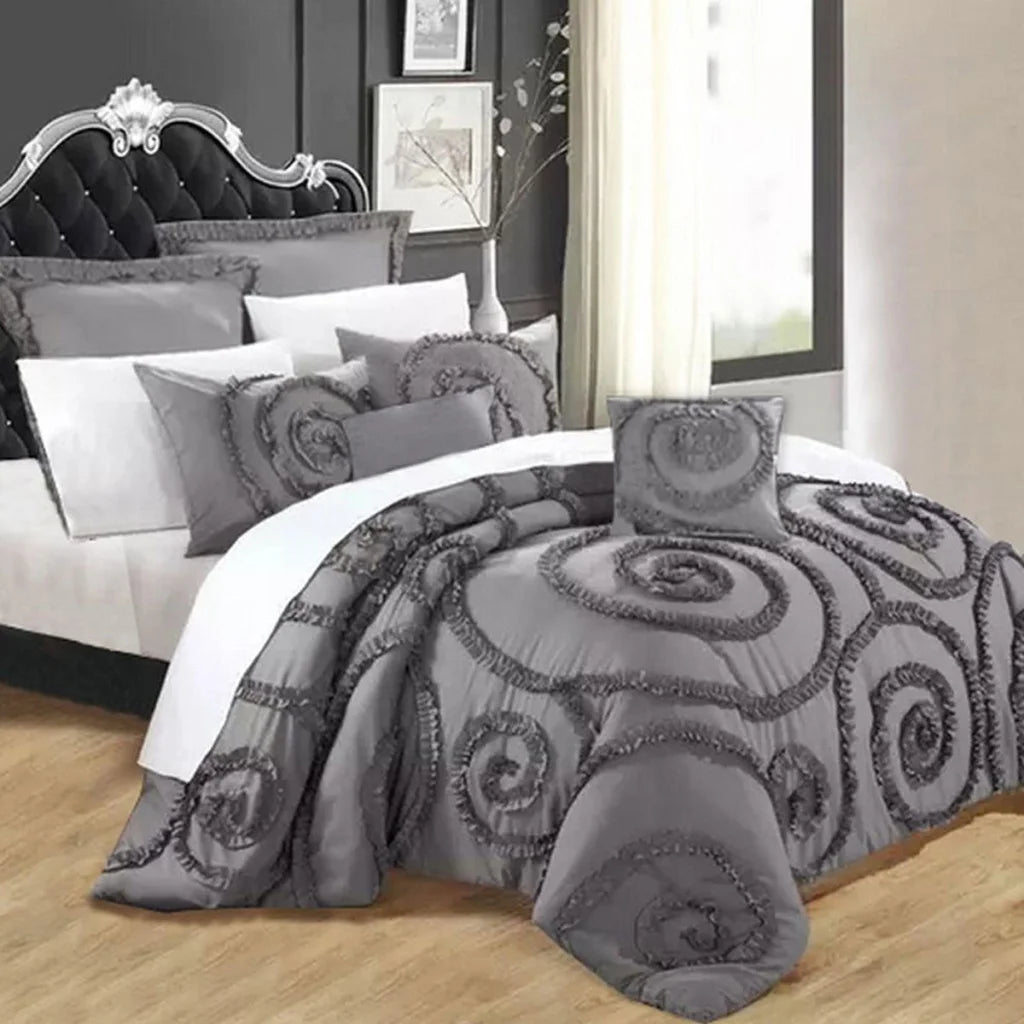 Comforter Set Ramesses Floral Ruffled Charcoal 7PCS Deluxe
