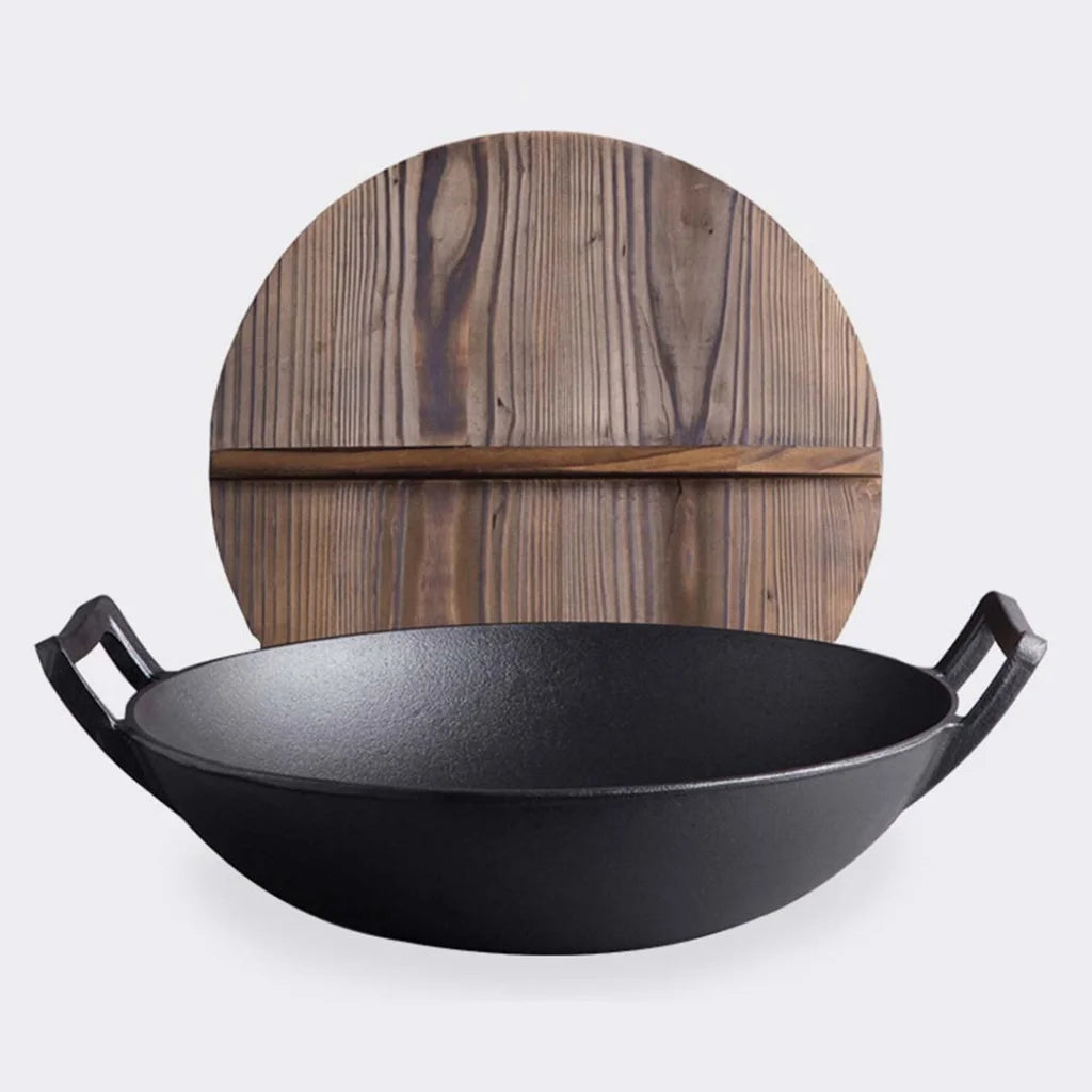 Commercial Cast Iron Wok Premium 36CM Fry Pan with Wooden Lid
