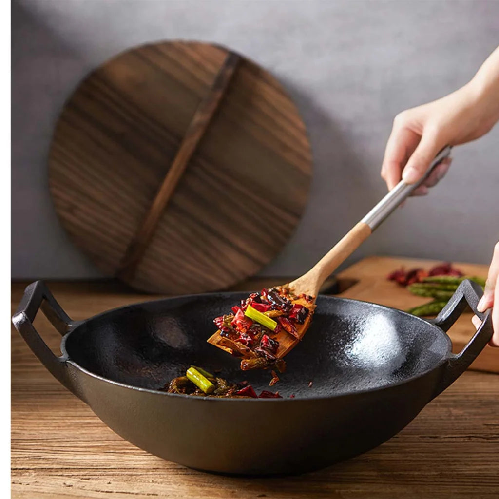 Commercial Cast Iron Wok Premium 36CM Fry Pan with Wooden Lid