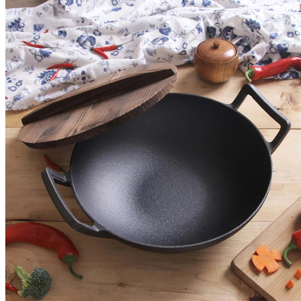 Commercial Cast Iron Wok Premium 36CM Fry Pan with Wooden Lid