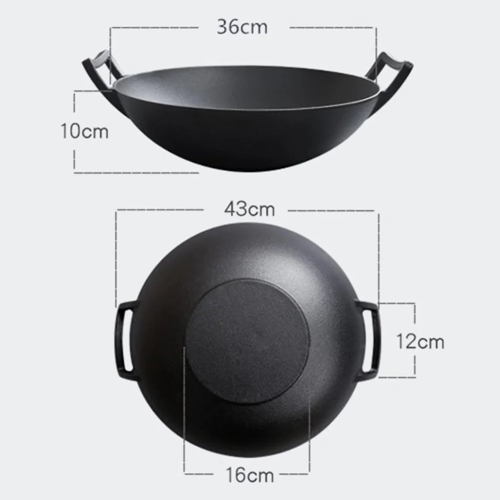 Commercial Cast Iron Wok Premium 36CM Fry Pan with Wooden Lid