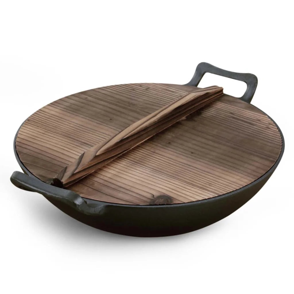 Commercial Cast Iron Wok Premium 36CM Fry Pan with Wooden Lid