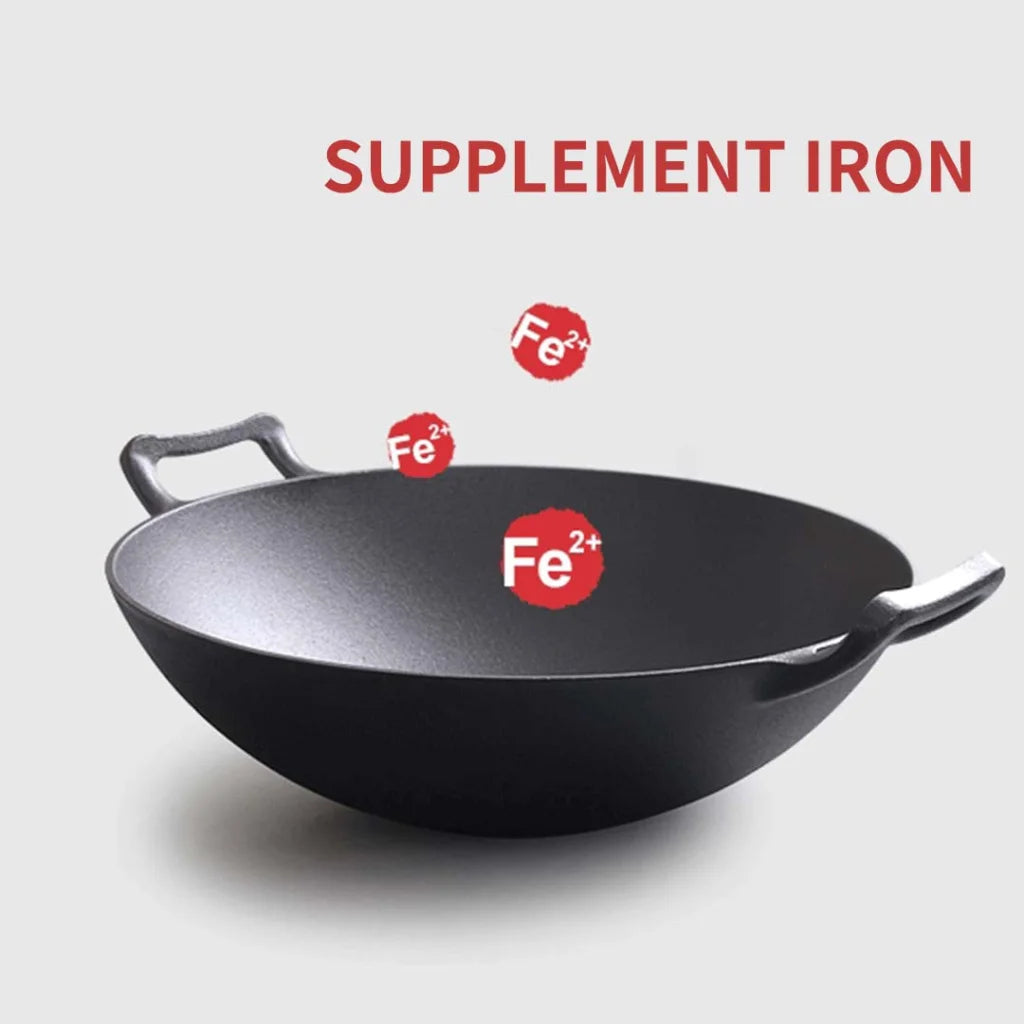 Commercial Cast Iron Wok Set Premium 2X 36CM Fry Pan with Wooden Lid