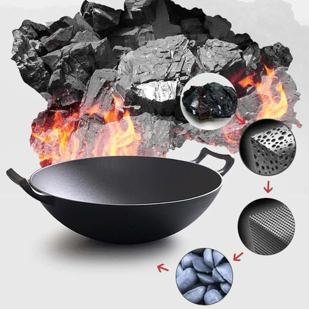 Commercial Cast Iron Wok Set Premium 2X 36CM Fry Pan with Wooden Lid