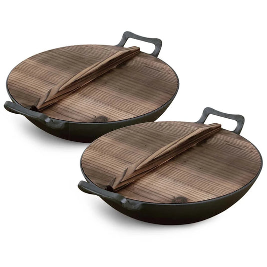 Commercial Cast Iron Wok Set Premium 2X 36CM Fry Pan with Wooden Lid