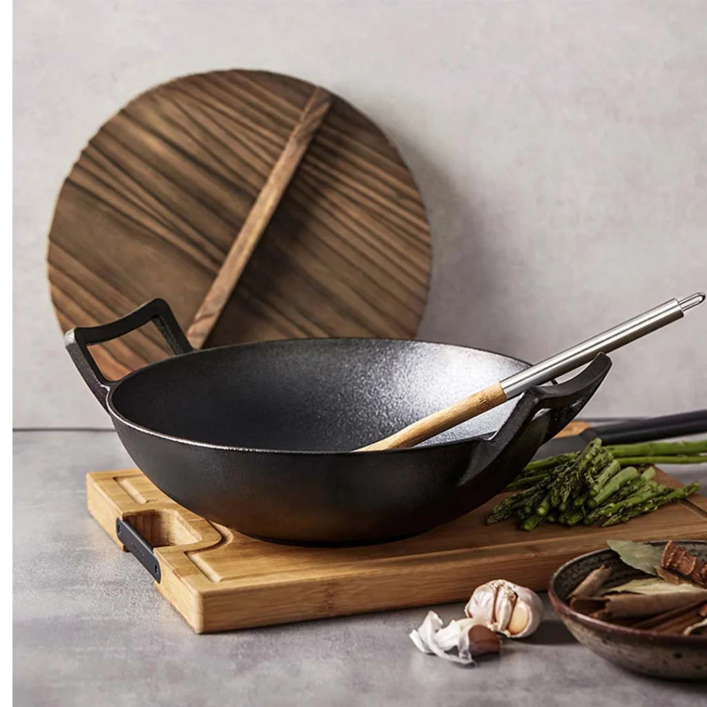 Commercial Cast Iron Wok Set Premium 2X 36CM Fry Pan with Wooden Lid