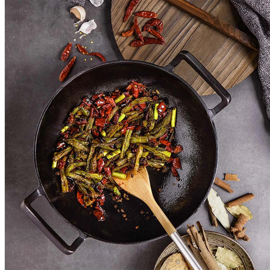 Commercial Cast Iron Wok Set Premium 2X 36CM Fry Pan with Wooden Lid