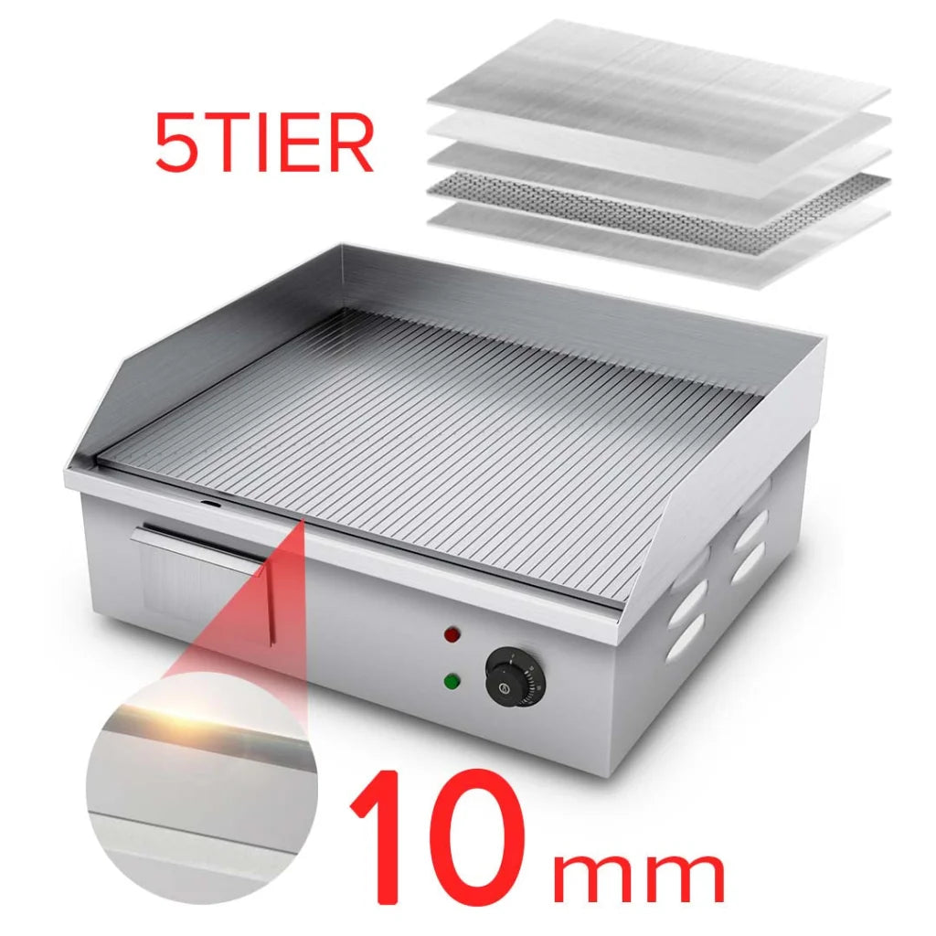 Commercial Ribbed Griddle Grill Premium 2200W Stainless Steel BBQ Hot Plate 56x48x23cm