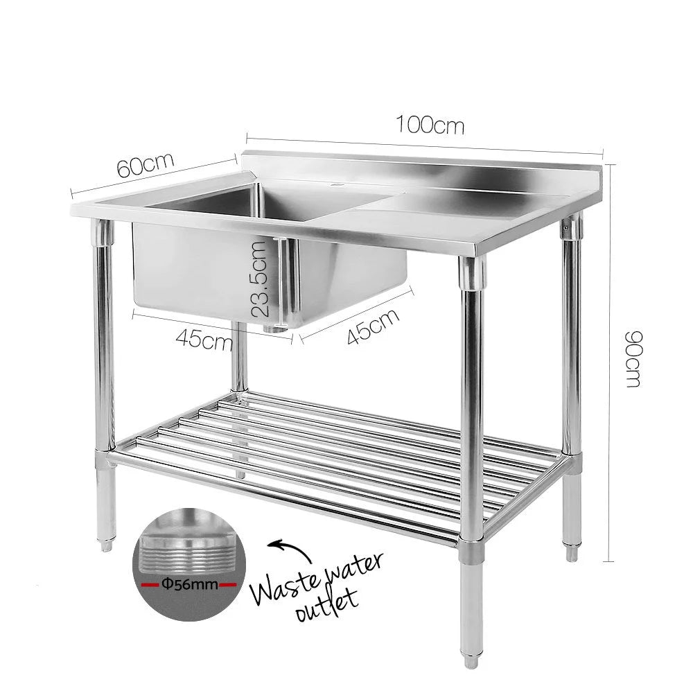 Commercial Stainless Steel Sink Bench 100x60cm - Cefito