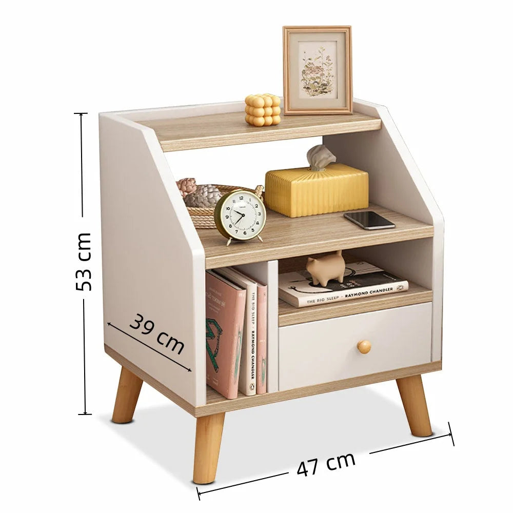 Compact Nightstand Wooden Legs Open Shelves Side