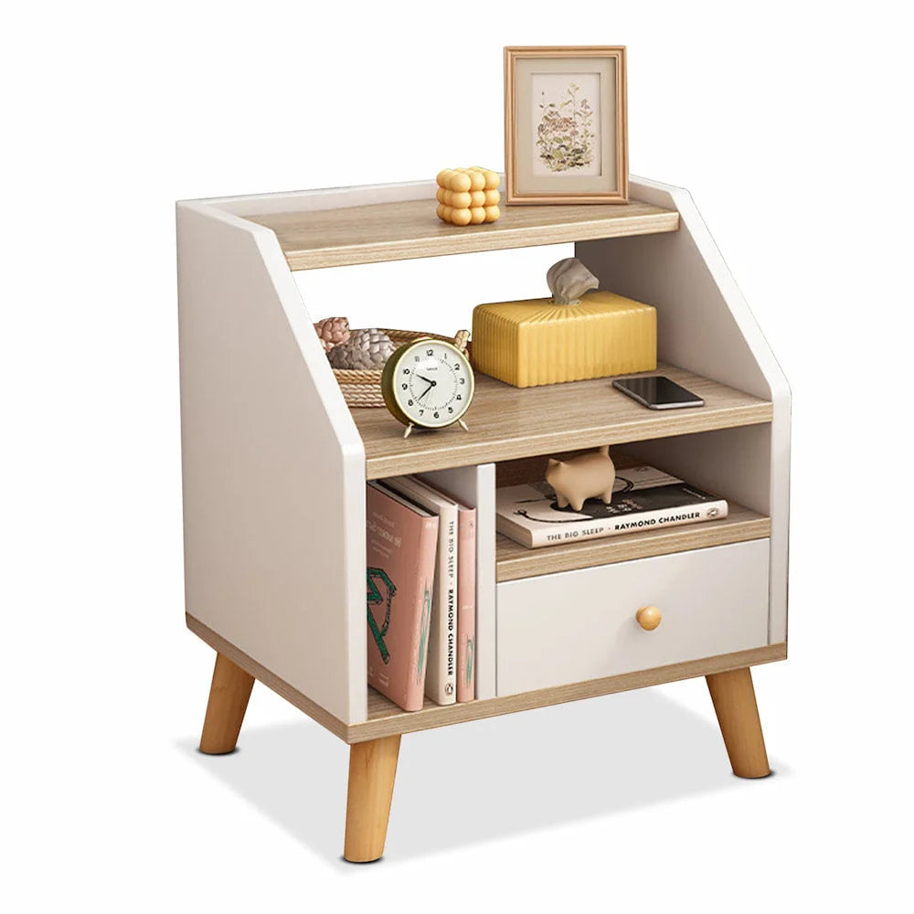 Compact Nightstand Wooden Legs Open Shelves Side