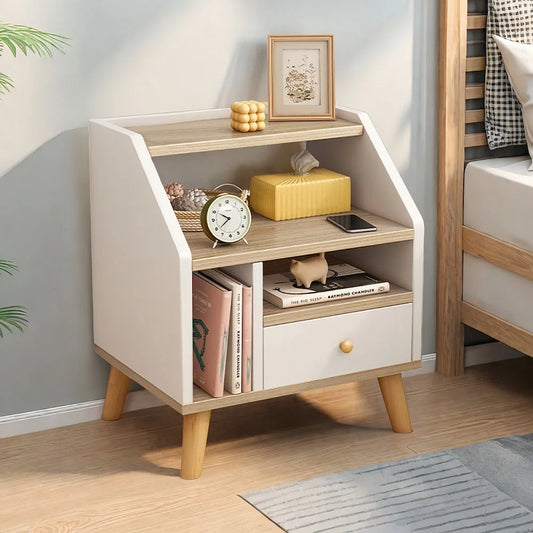 Compact Nightstand Wooden Legs Open Shelves Side