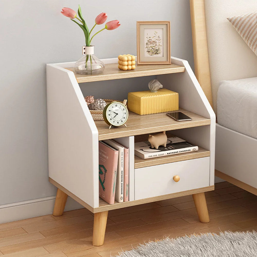 Compact Nightstand Wooden Legs Open Shelves Side