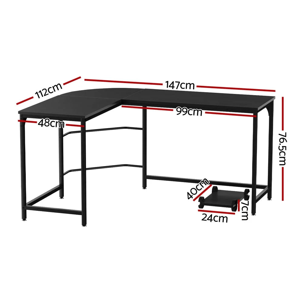 Black 147cm home office desk with tabletop and metal support frame