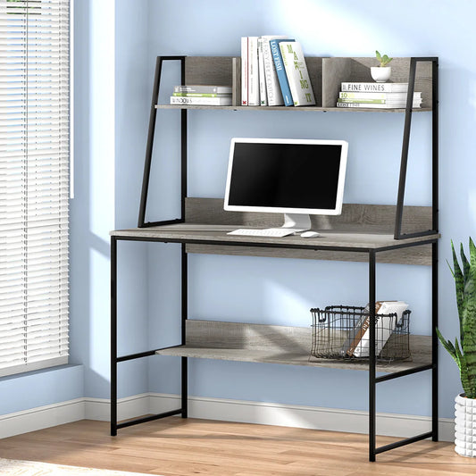 Computer Desk with Bookshelf Storage - Grey 100CM