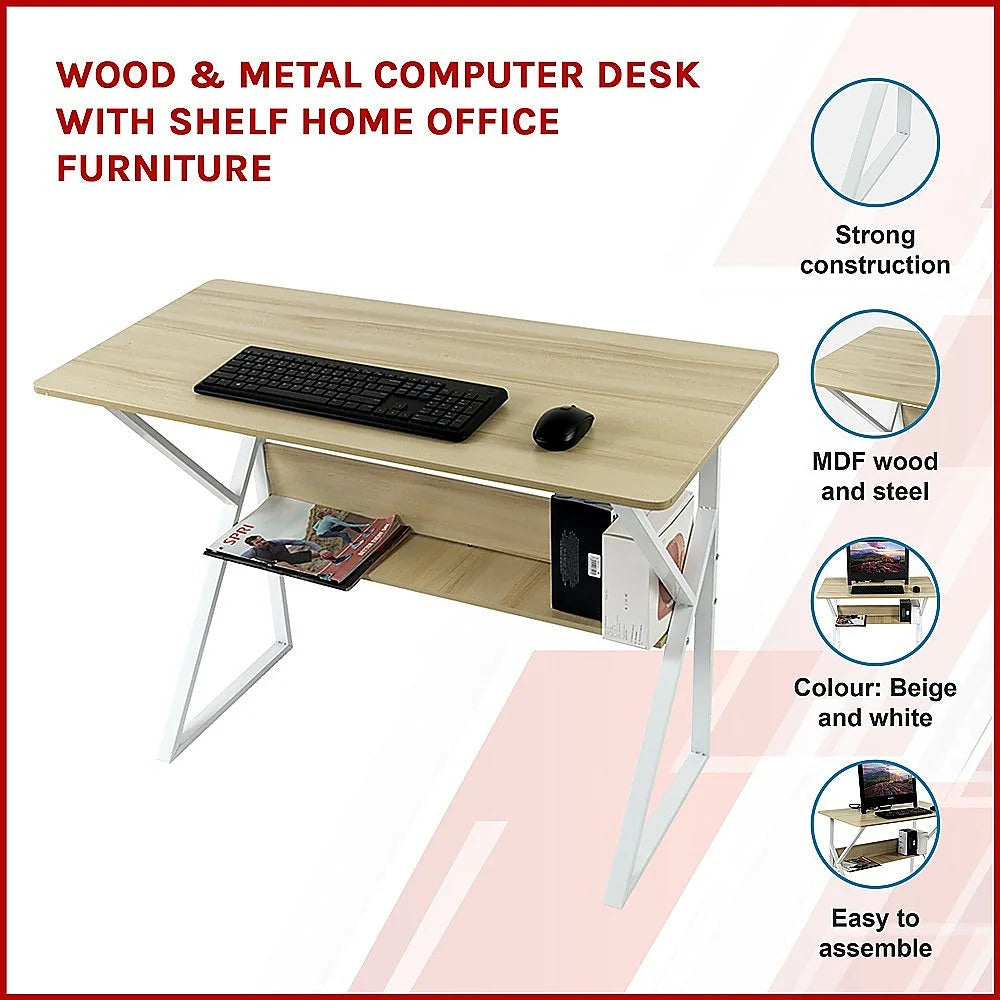 Computer Desk Wood & Metal with Shelf Home Office Furniture