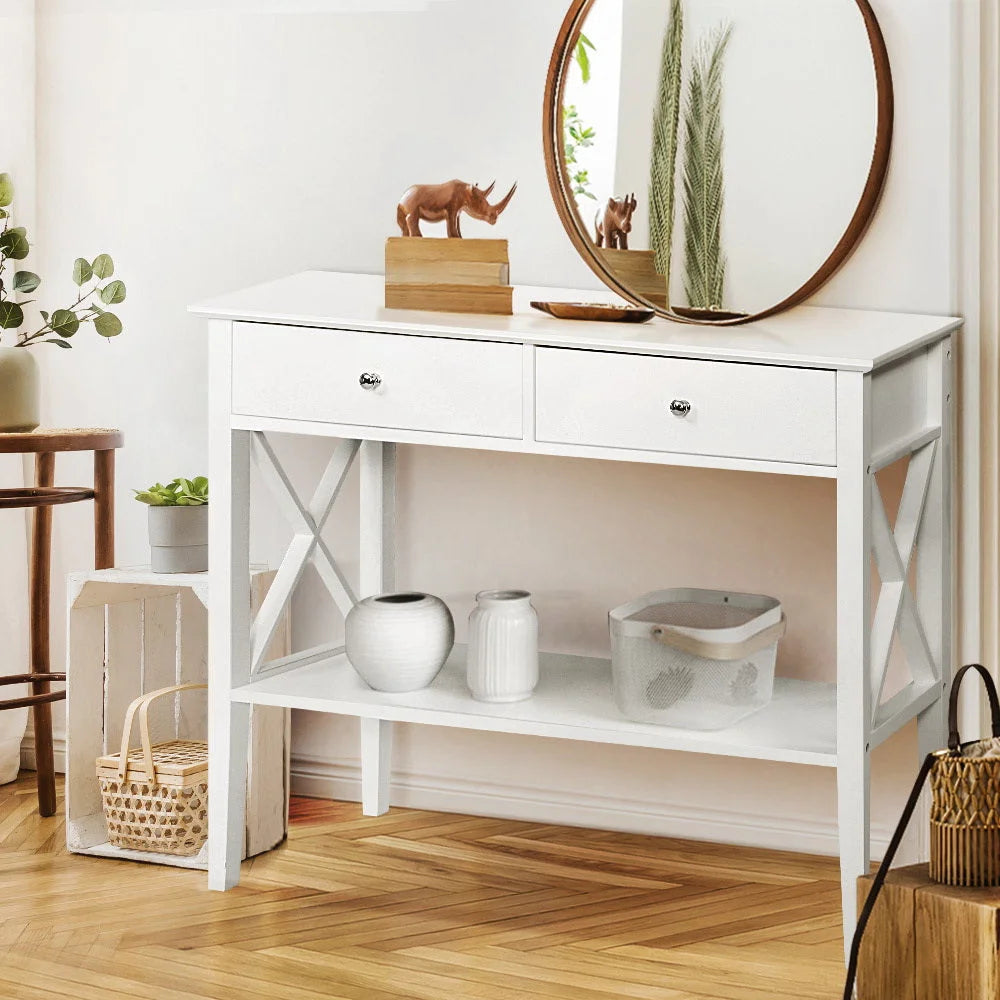 Console Table Hall Side Entry 2-Drawer Display White Desk