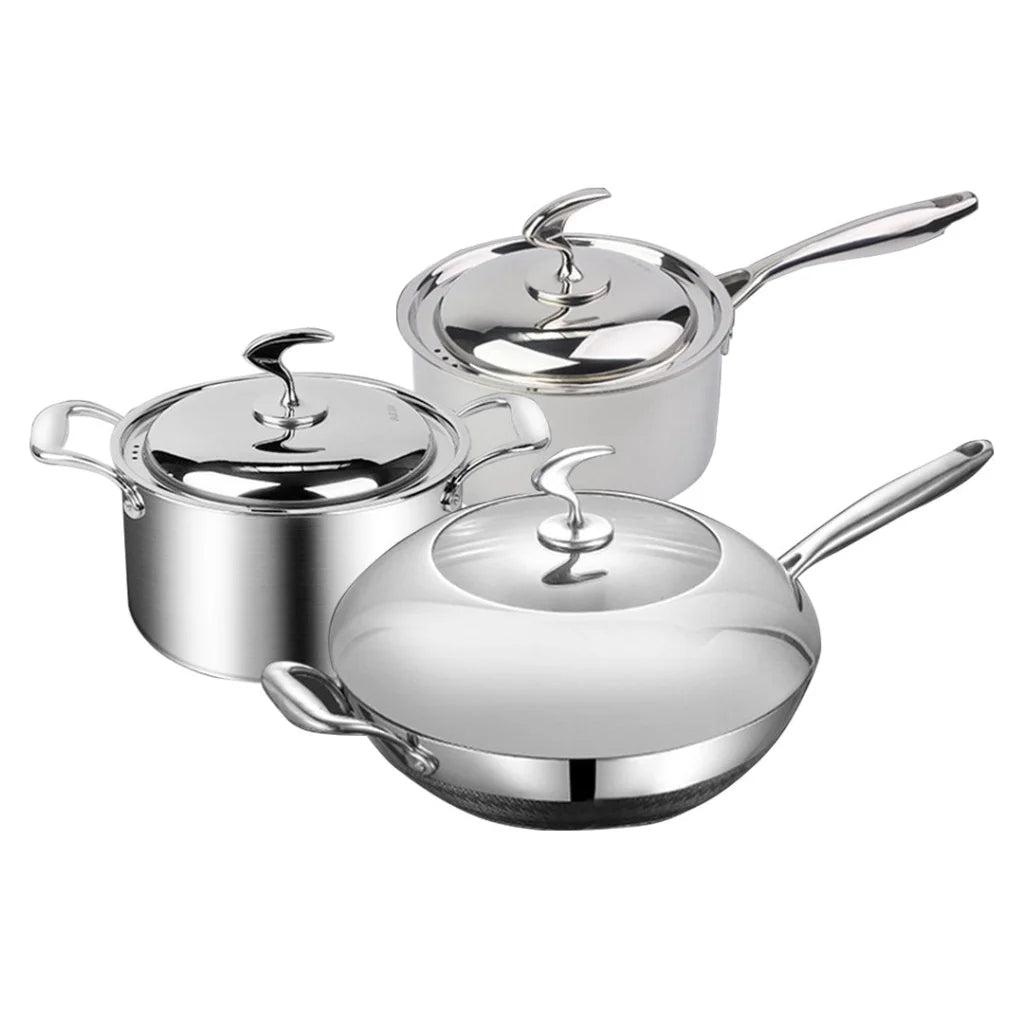 Cookware Set Premium 6 Piece 18/10 Stainless Steel 3-Ply Frying Pan, Milk, and Soup Pot with Lid