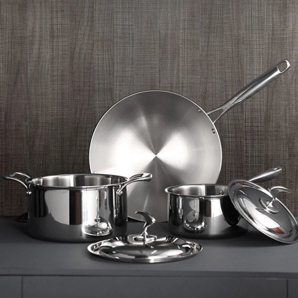 Cookware Set Premium 6 Piece 18/10 Stainless Steel 3-Ply Frying Pan, Milk, and Soup Pot with Lid