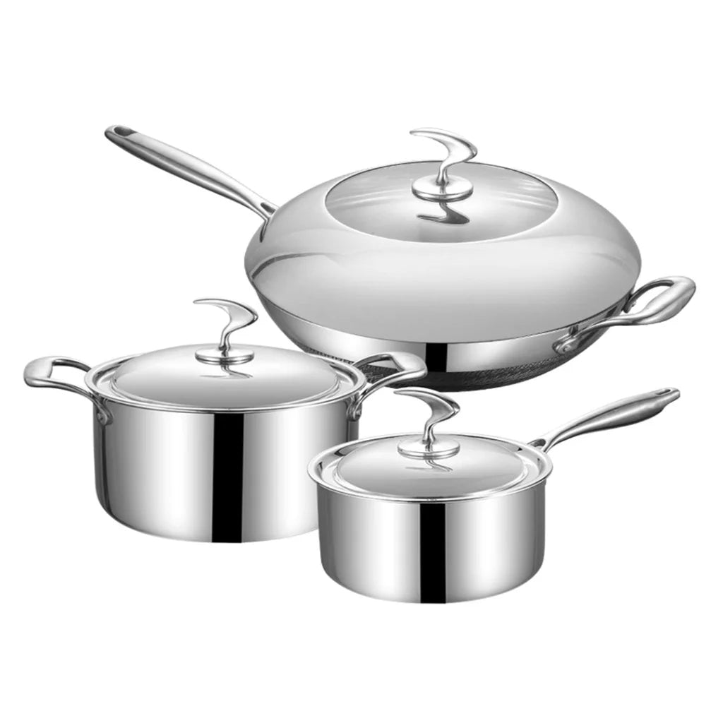 Cookware Set Premium 6 Piece 18/10 Stainless Steel 3-Ply Frying Pan, Milk, and Soup Pot with Lid