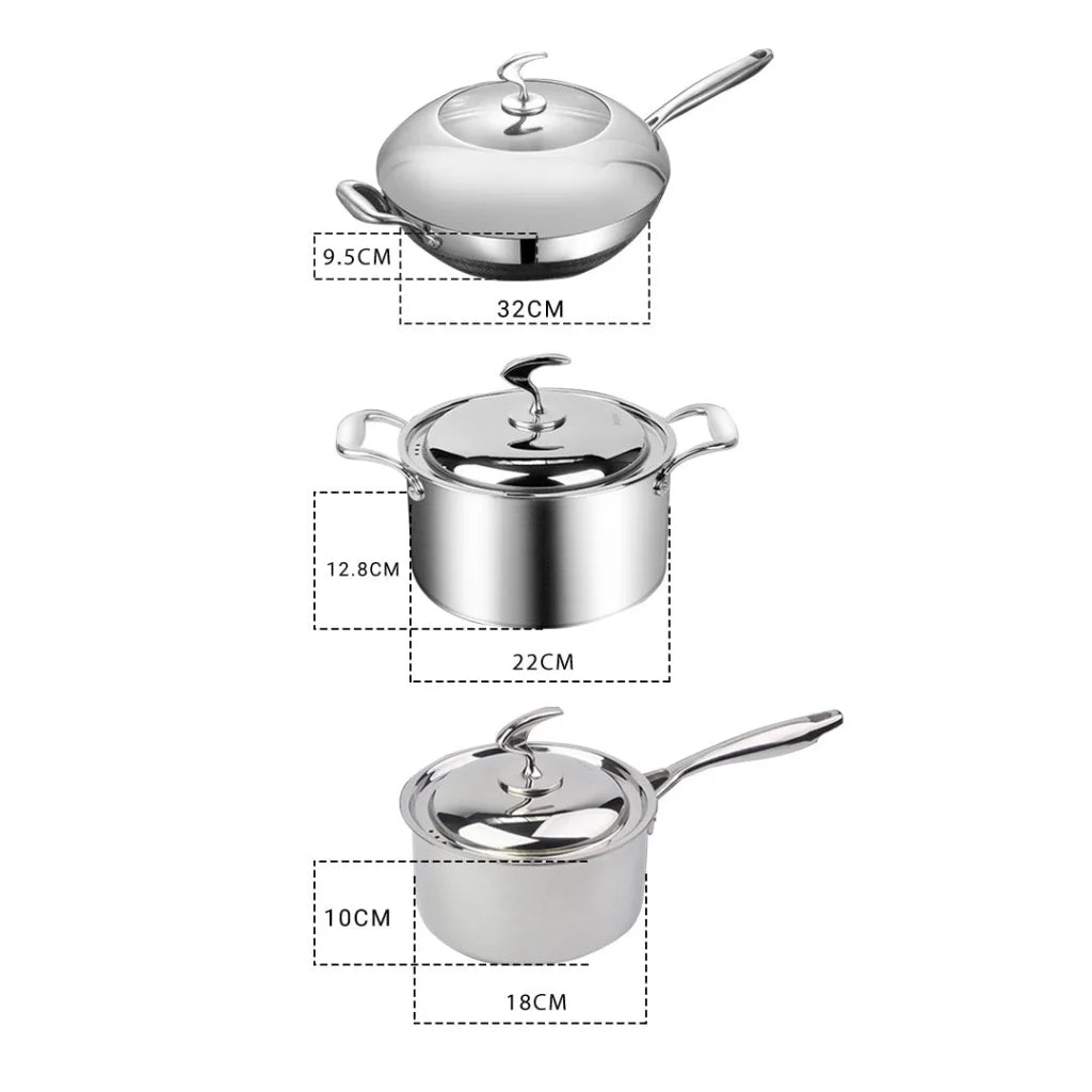 Cookware Set Premium 6 Piece 18/10 Stainless Steel 3-Ply Frying Pan, Milk, and Soup Pot with Lid