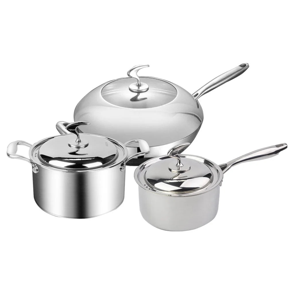 Cookware Set Premium 6 Piece 18/10 Stainless Steel 3-Ply Frying Pan, Milk, and Soup Pot with Lid