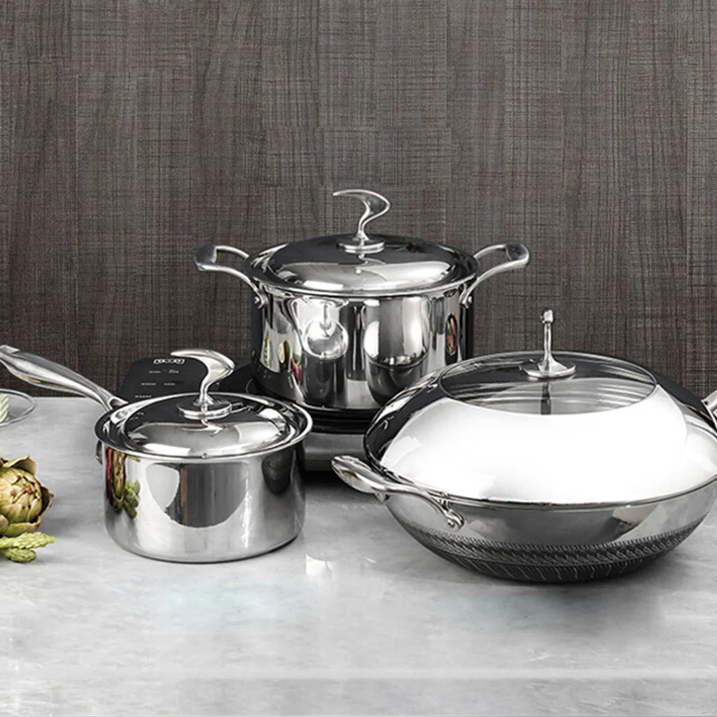 Cookware Set Premium 6 Piece 18/10 Stainless Steel 3-Ply Frying Pan, Milk, and Soup Pot with Lid