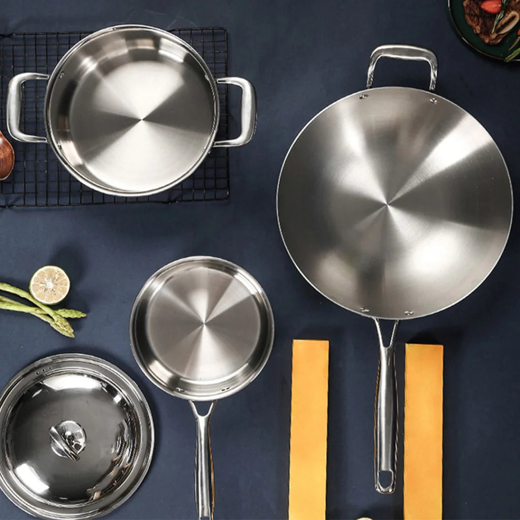 Cookware Set Premium 6 Piece 18/10 Stainless Steel 3-Ply Frying Pan, Milk, and Soup Pot with Lid