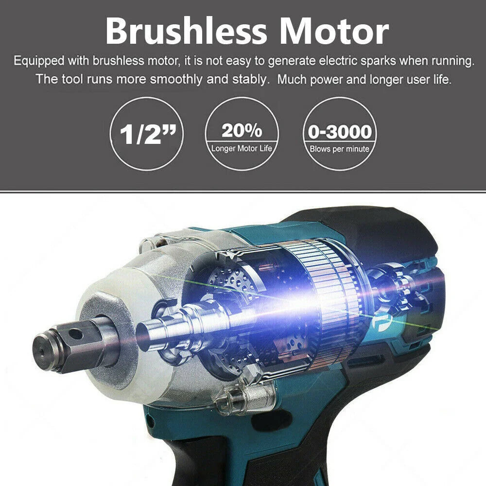 Cordless Impact Wrench Brushless Rattle Gun 1/2" Driver + Large Battery