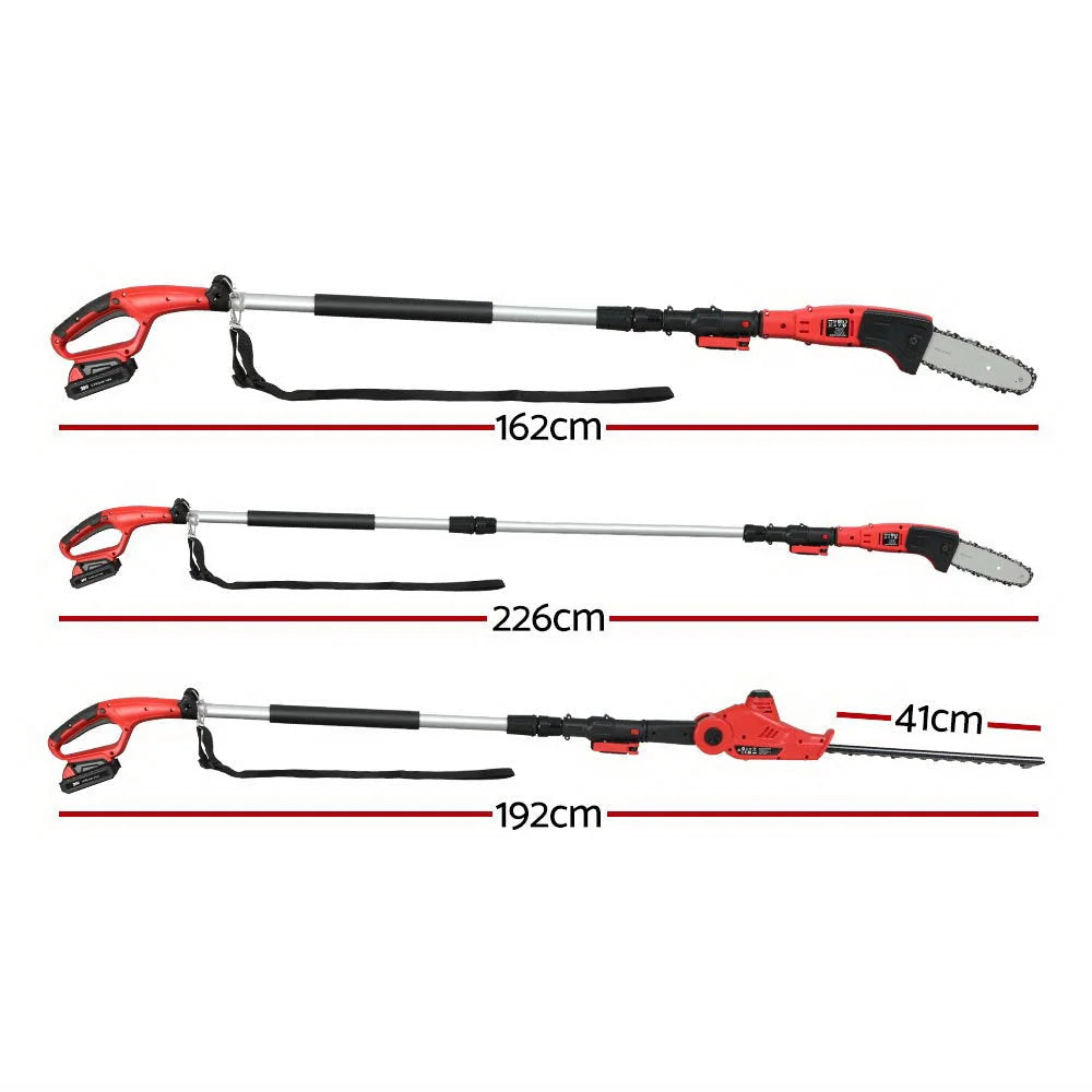 Cordless pole chain with saw trimmer battery reach