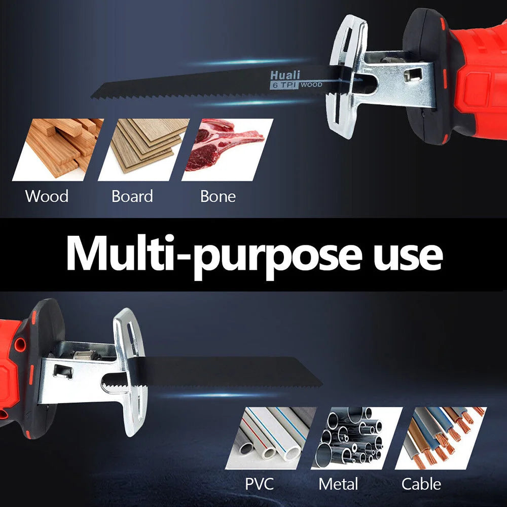 Cordless reciprocating saw with boxed accessories and matching pieces