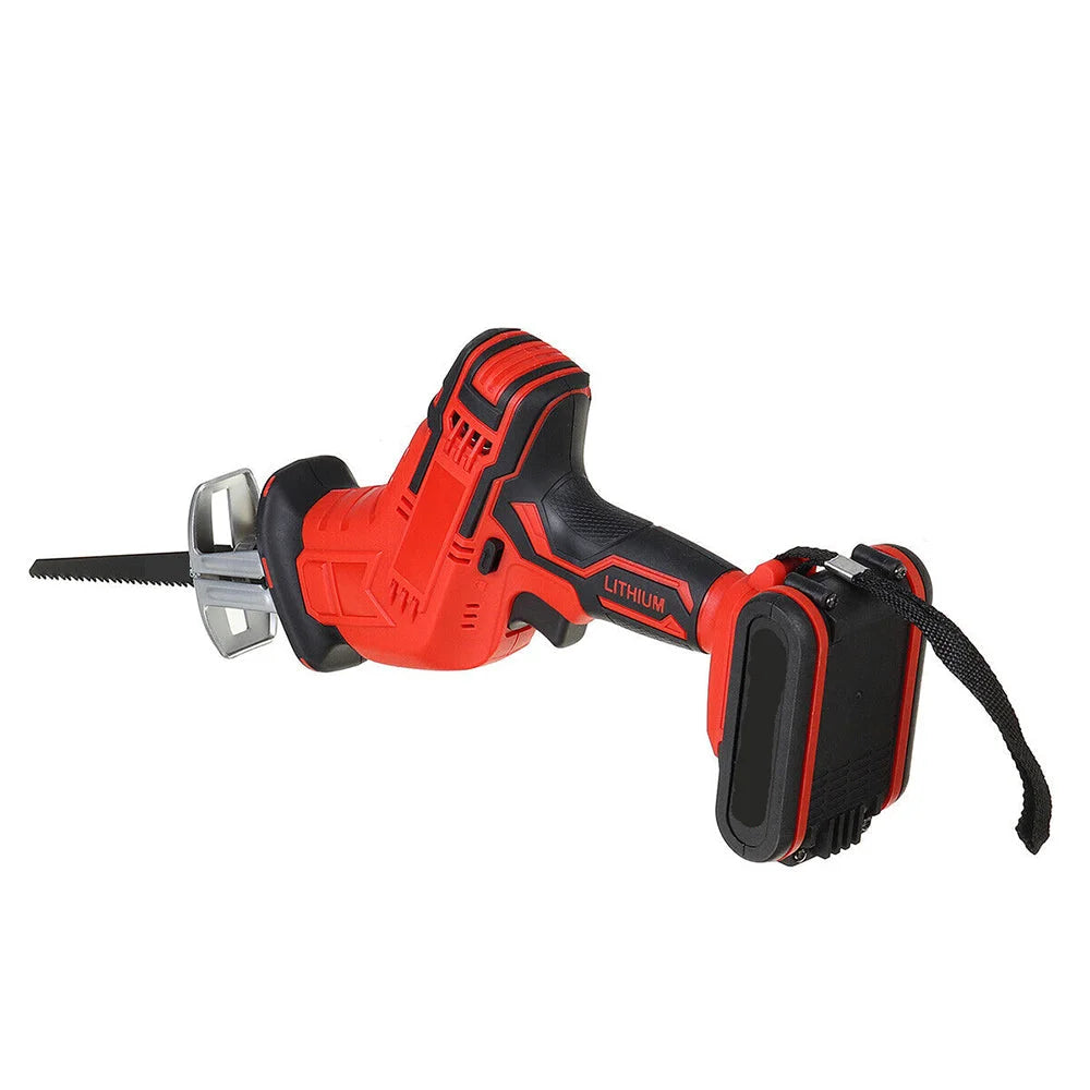 Cordless reciprocating saw with clear colour, fittings and storage pieces
