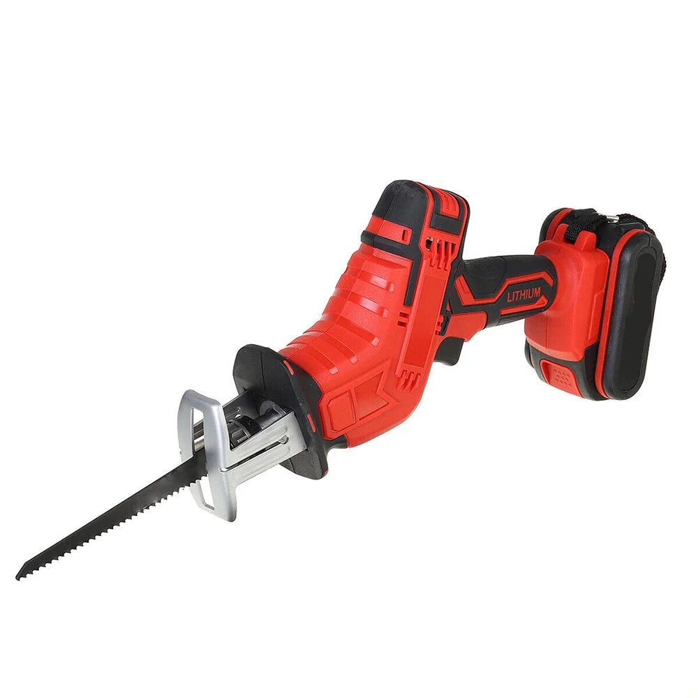 Cordless reciprocating saw with handles, panels and accessory pieces