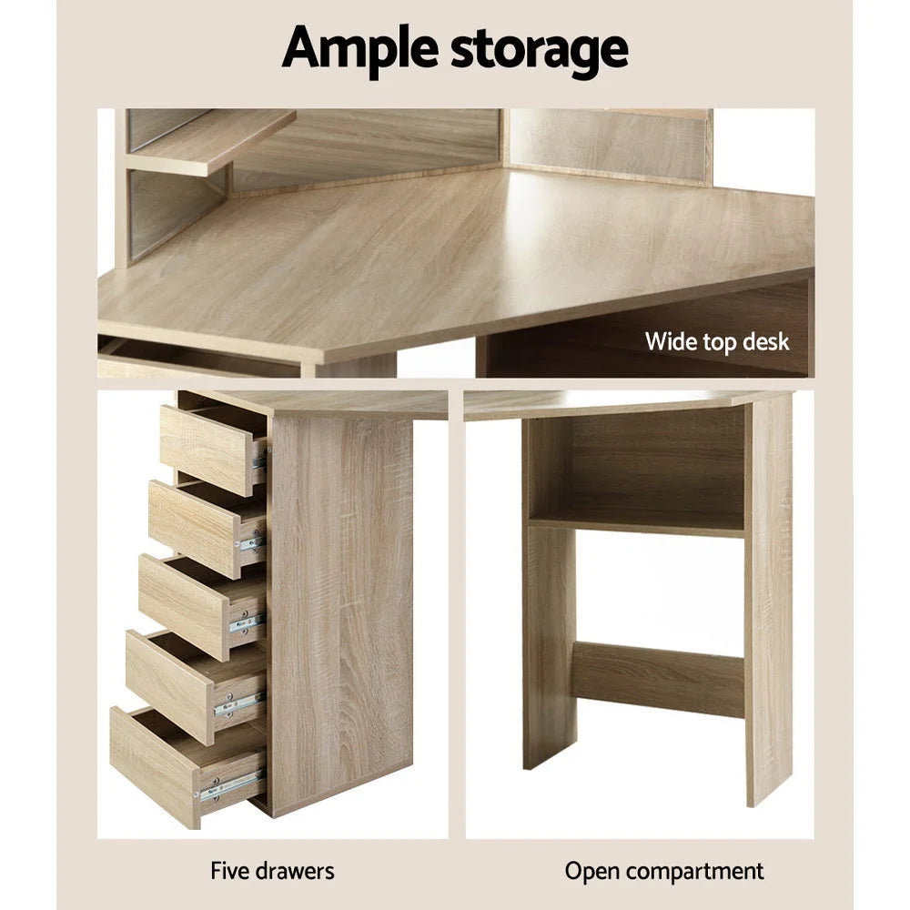 Corner Dressing Table Mirror Stool Set Makeup Vanity Desk