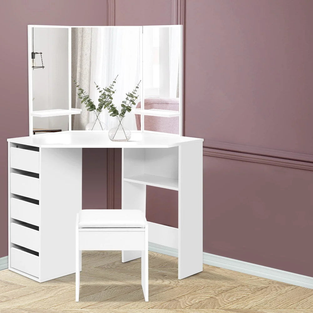 White mirror with corner dressing table stool