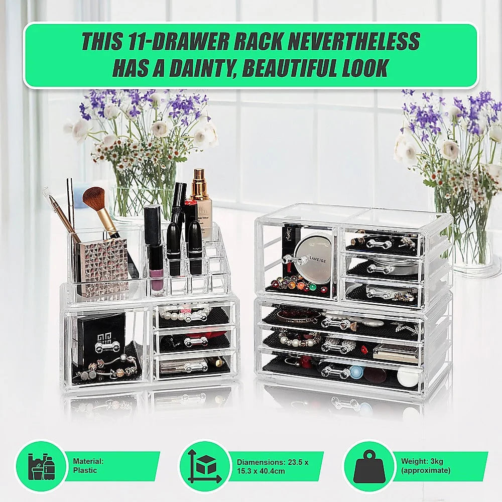 Cosmetic Organizer 11 Drawers Clear Acrylic Tower