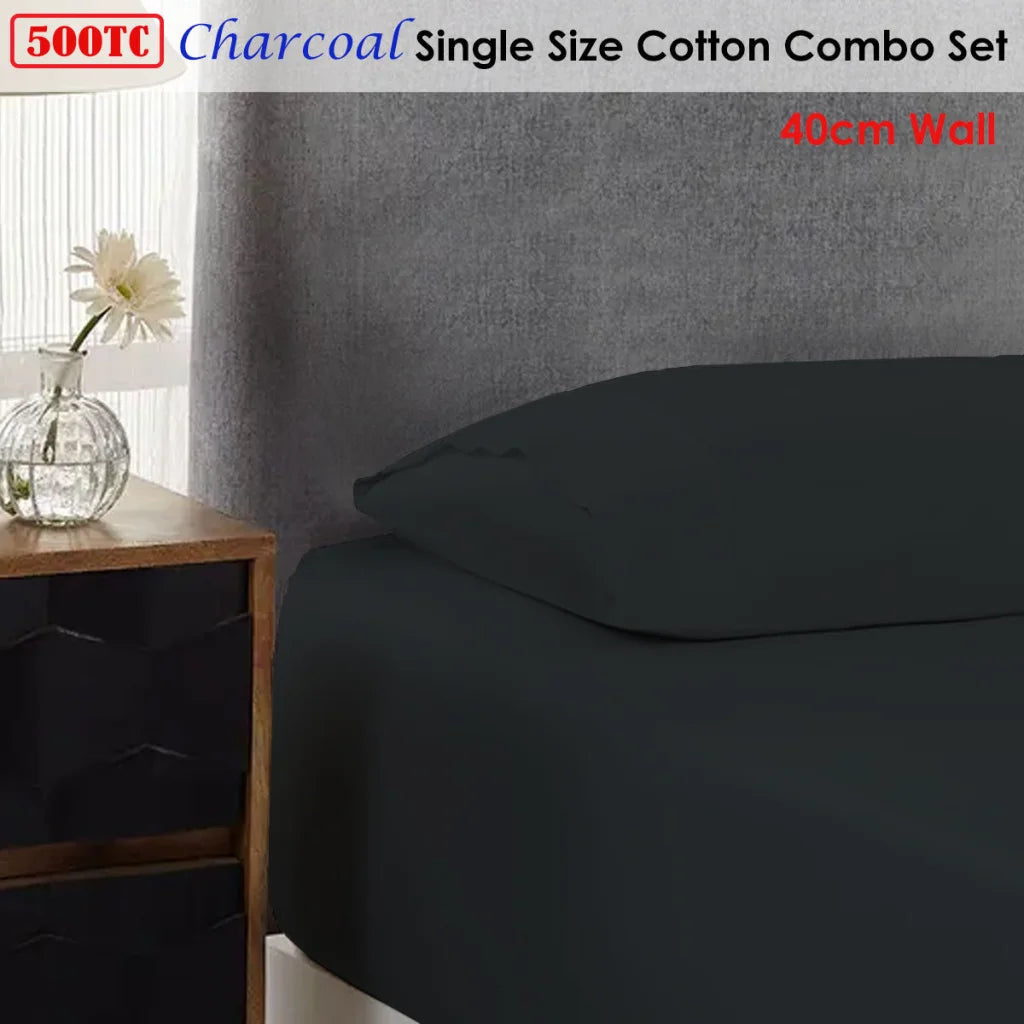Cotton Combo Set 500TC Single Charcoal 40cm Wall - Home &
