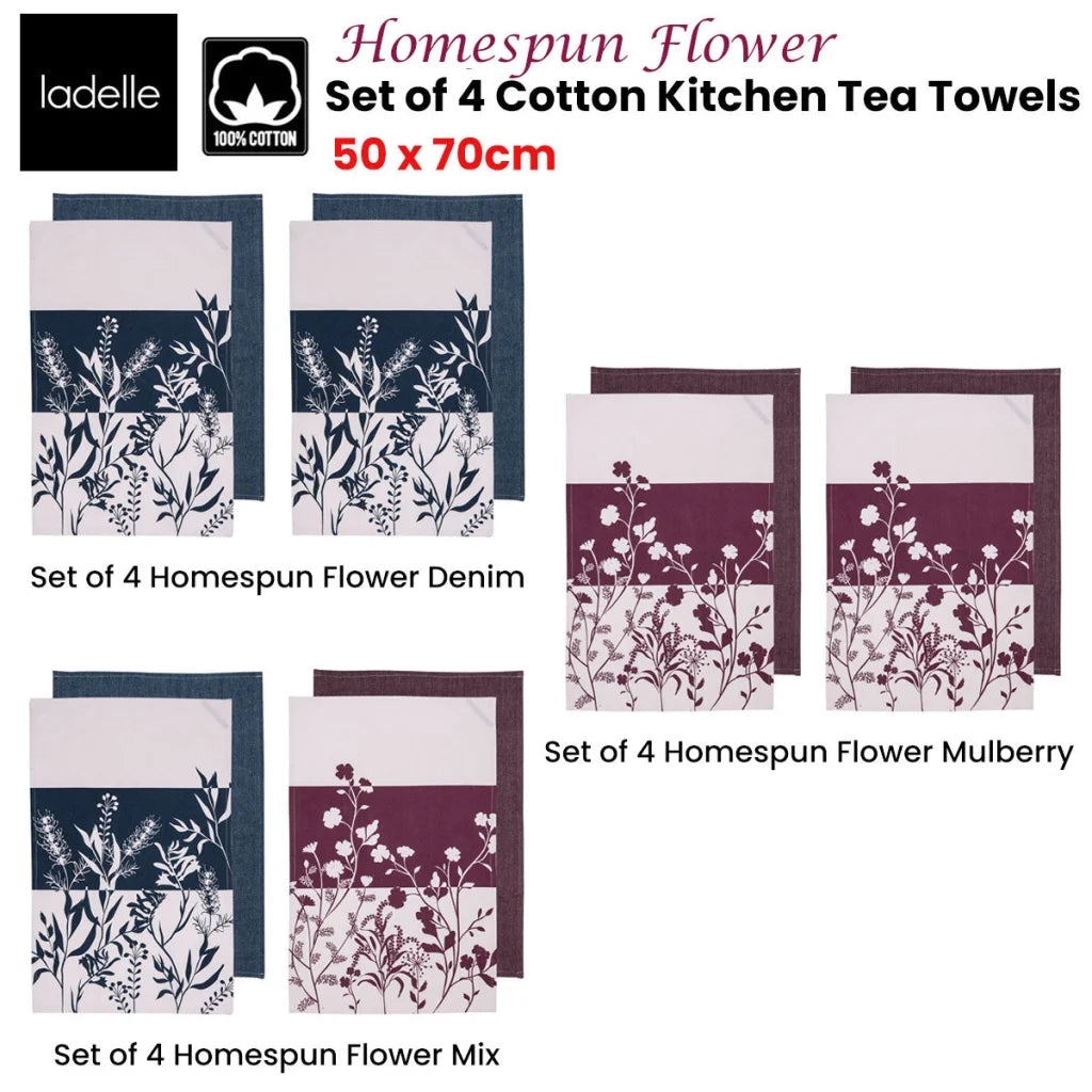 Cotton Kitchen Tea Towels Ladelle Homespun Flower Set of 4