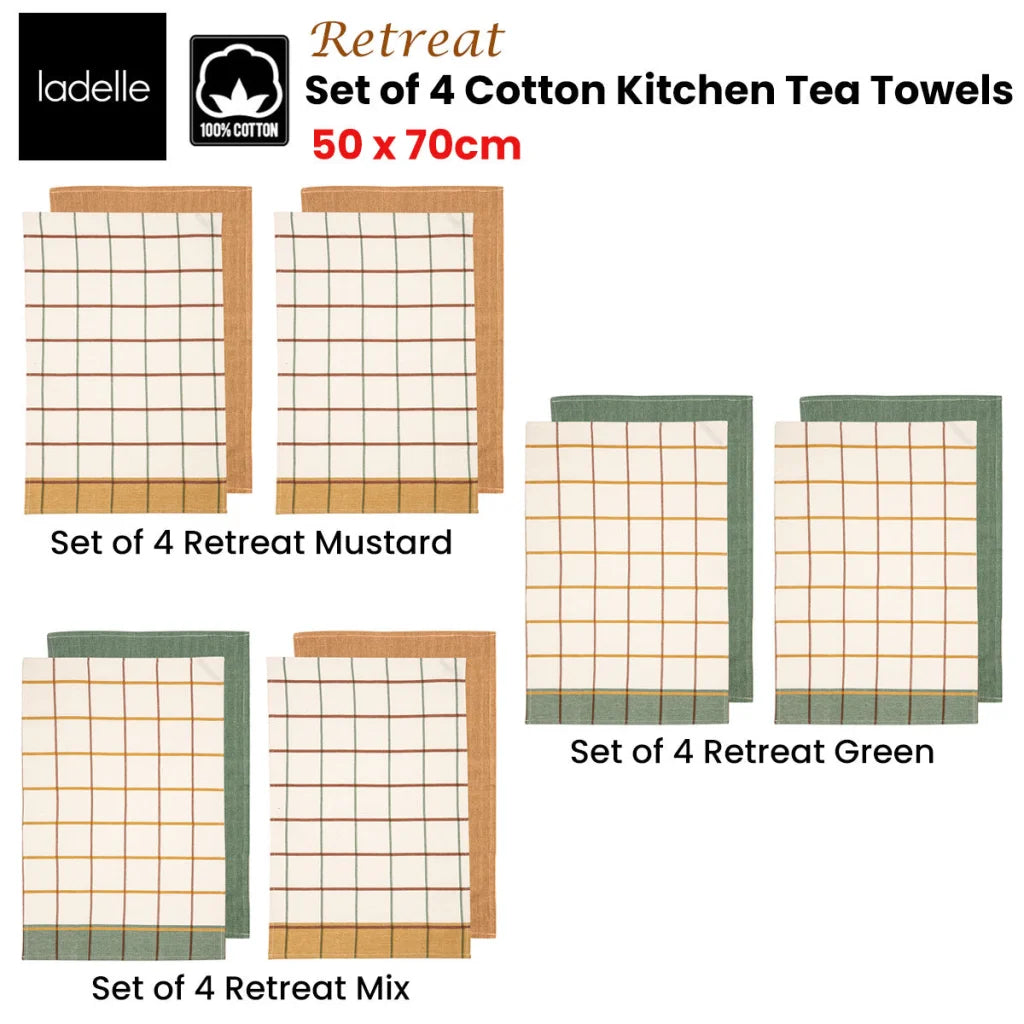 Cotton Kitchen Tea Towels Ladelle Retreat Set of 4 - Green