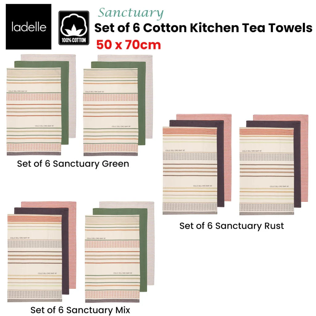 Cotton Kitchen Tea Towels Ladelle Sanctuary Set of 6 - Rust