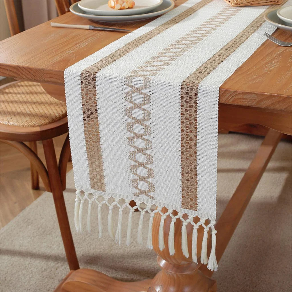 Cotton Linen Table Runner with Knot Tassel Bed End Towel
