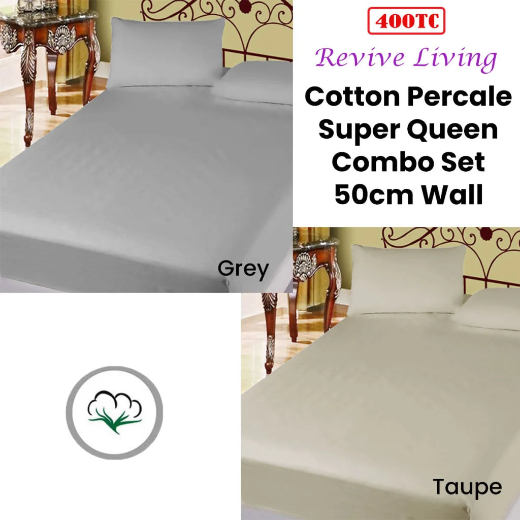 Cotton Percale 400TC Super Queen Combo Set 50cm Wall Grey